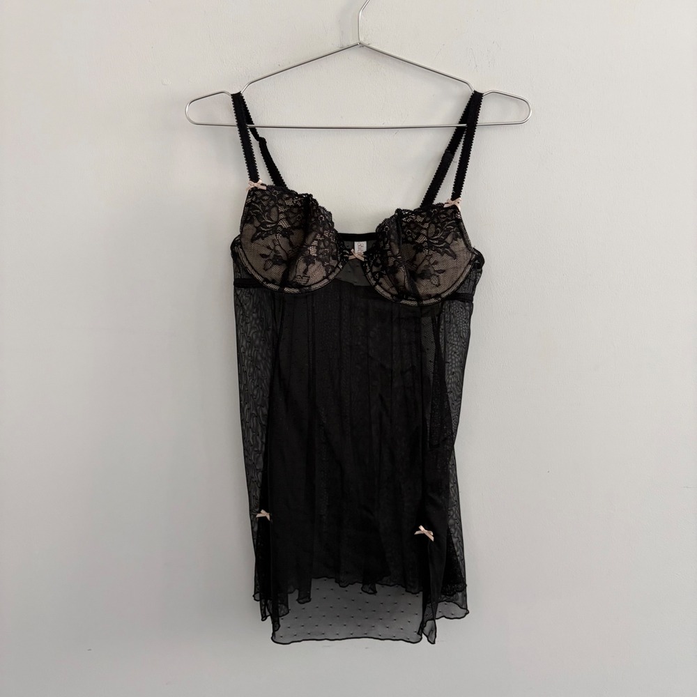 Gilligan & O'Malley Intimates Black Lace Mesh Babydoll Chemise Lingerie Medium